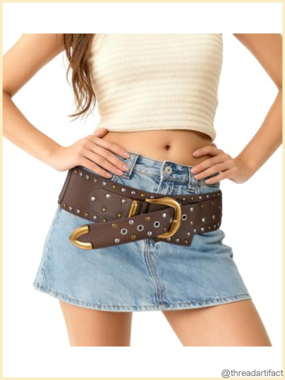 Women Studded Wide Elastic Belt PU Leather Waist Corset Matte Gold Buckle